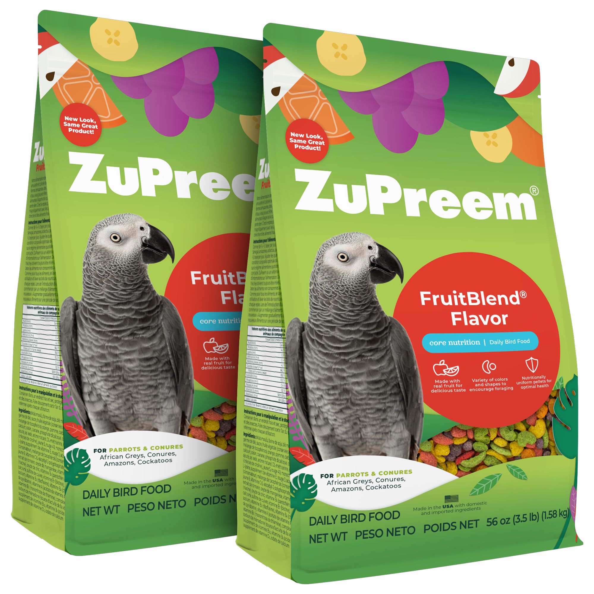 ZuPreem FruitBlend: pellets colorés pour perroquets, alimentation quotidienne équilibrée.