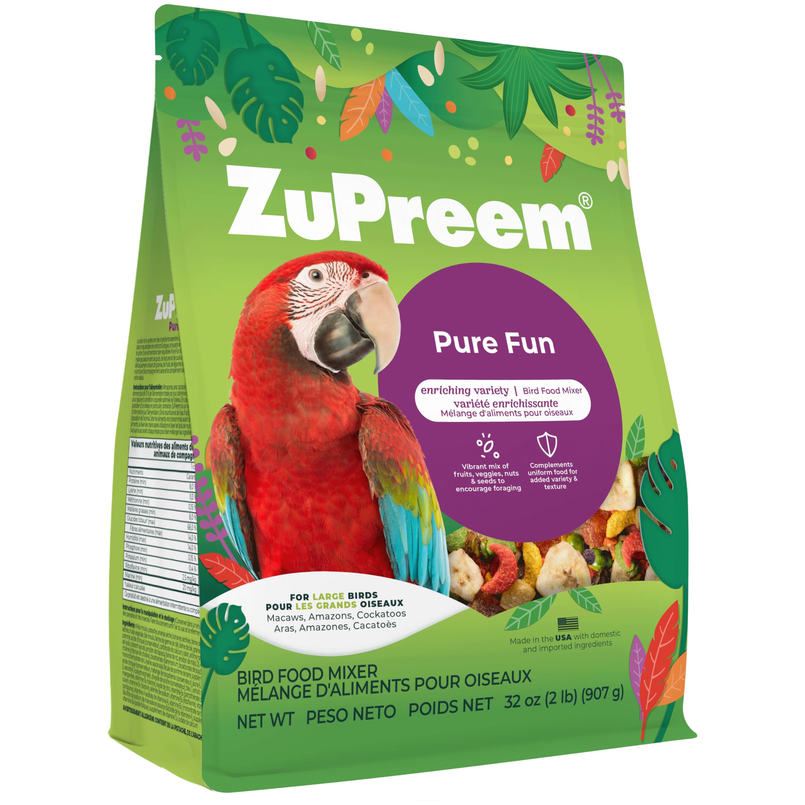 ZuPreem Pure Fun, emballage visible, variété attrayante pour grands oiseaux.