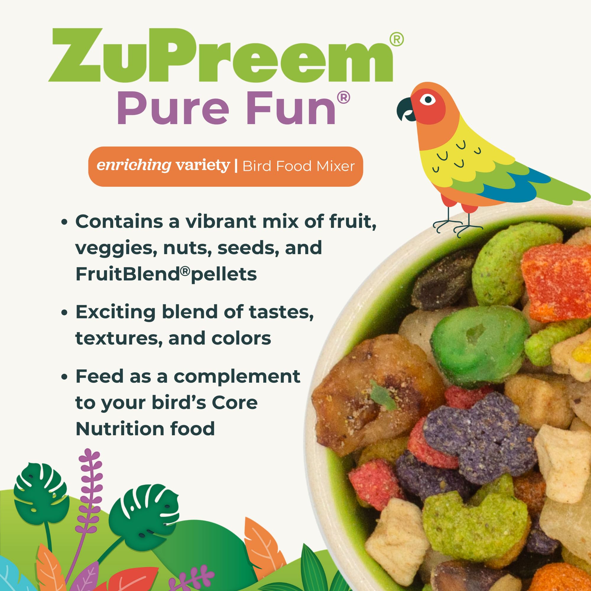 Pellets FruitBlend intégrés au mélange, soutien d’un régime varié.