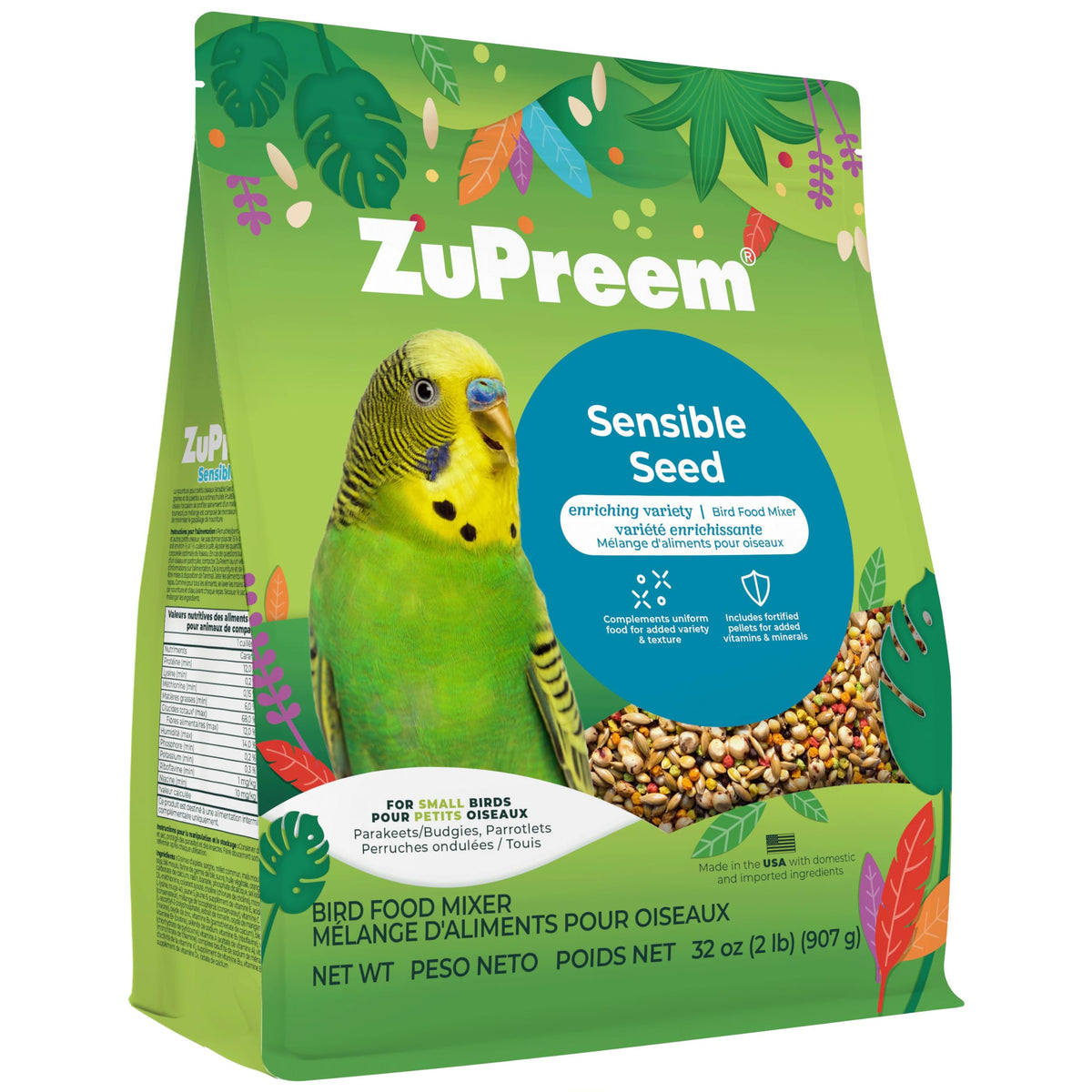 ZuPreem Sensible Seed – emballage pratique et premium pour petits oiseaux.