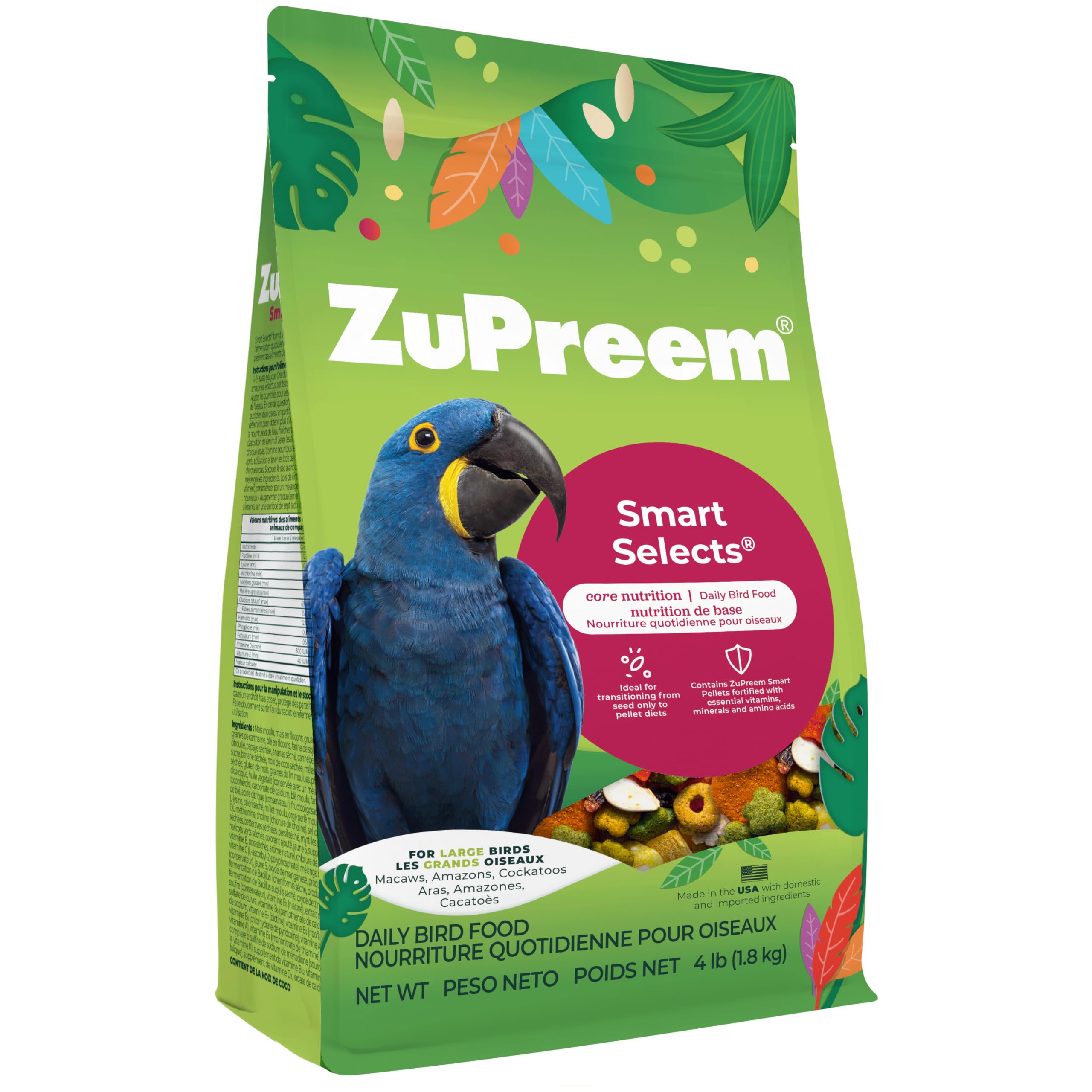 ZuPreem Smart Selects granulés pour grands oiseaux, soutien potentiel à l'équilibre nutritionnel.