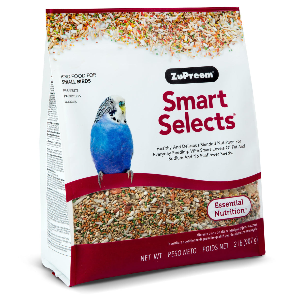 ZuPreem Smart Selects emballage, alimentation équilibrée pour petits oiseaux.