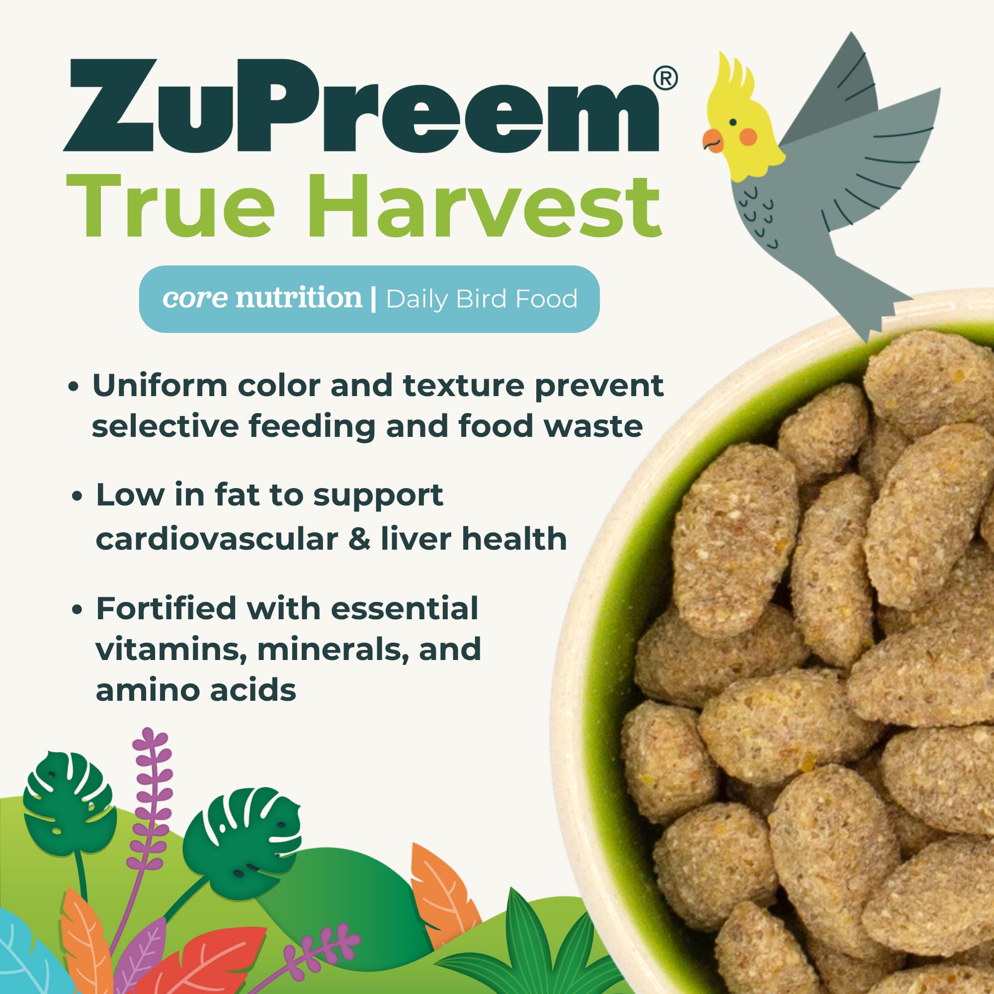 Myrtilles et canneberges visibles dans ZuPreem True Harvest, saveur naturelle.