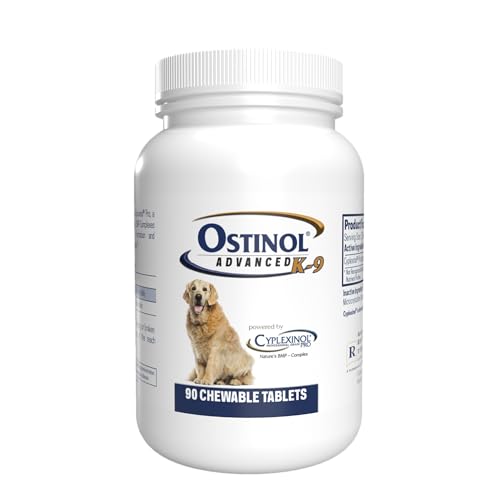 ZyCal Ostinol Advanced K-9 montre la bouteille et l'étiquette, soutien potentiel à la mobilité canine.