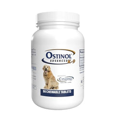 ZyCal Ostinol Advanced K-9 montre la bouteille et l'étiquette, soutien potentiel à la mobilité canine.