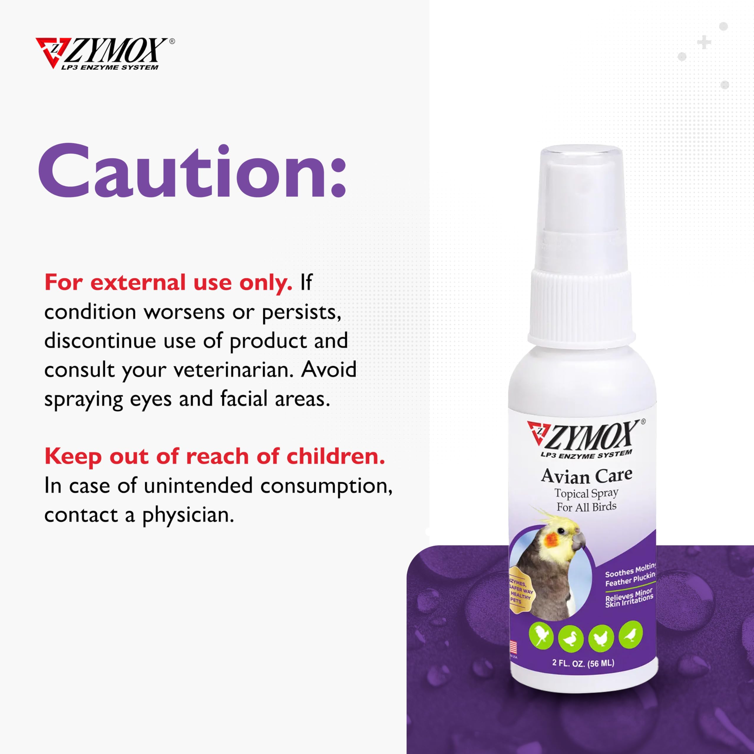 Zymox Avian Care Topique avec LP3, formulation naturelle pour oiseaux.