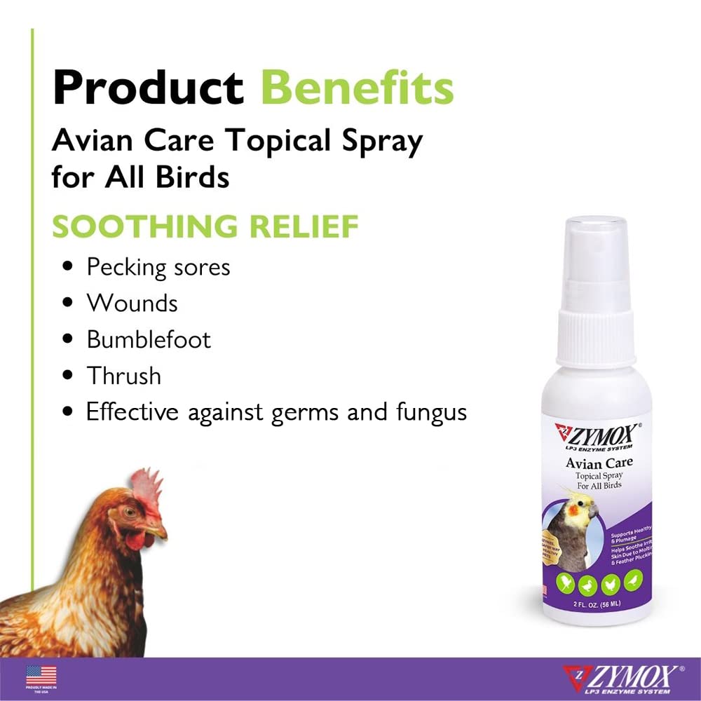 Zymox Avian Care Topique appliqué sur peau irritée apaise et soutient le plumage.
