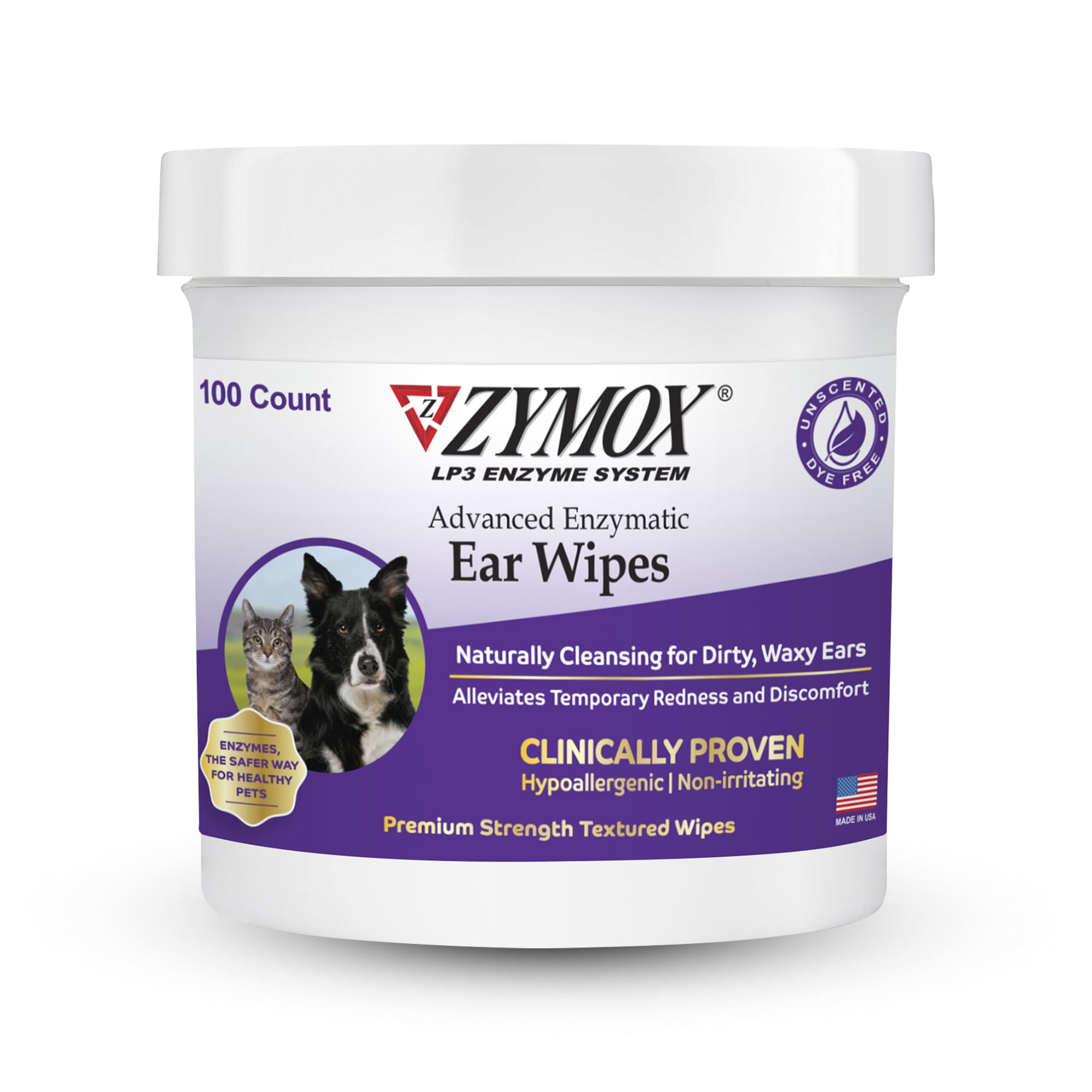 Lingettes Zymox pour oreilles, nettoyage en douceur pour chiens et chats.